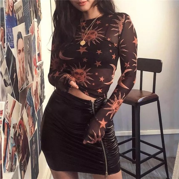 Celestial Sun Moon Sheer Mesh Crop Top - Picture 2 of 8